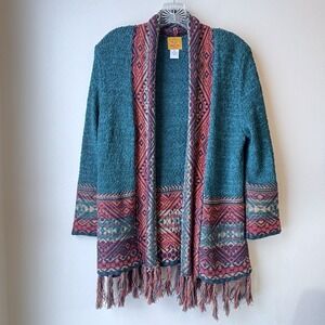 Ruby Rd Fringe Cardigan PM Teal Aztec Boho Festival Southwestern